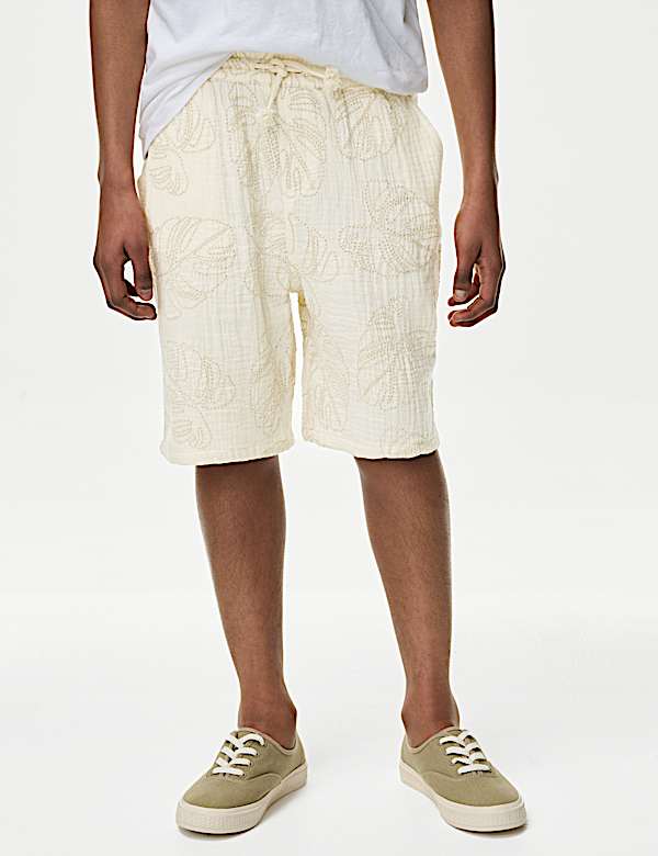 Pure Cotton Textured Palm Tree Shorts (2-16 Yrs)