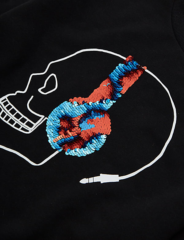 Cotton Sequin Headphones Skull Sweatshirt