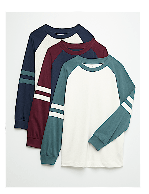 3 Pack Cotton Rich Striped Sleeve Tops (6-16 Yrs)