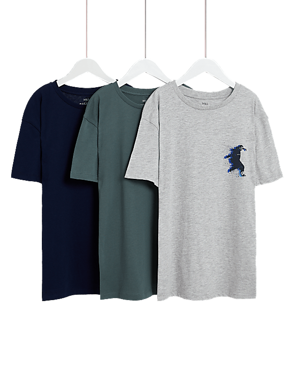 3pk Cotton Rich Football & Plain T-Shirts (6-16 Yrs)
