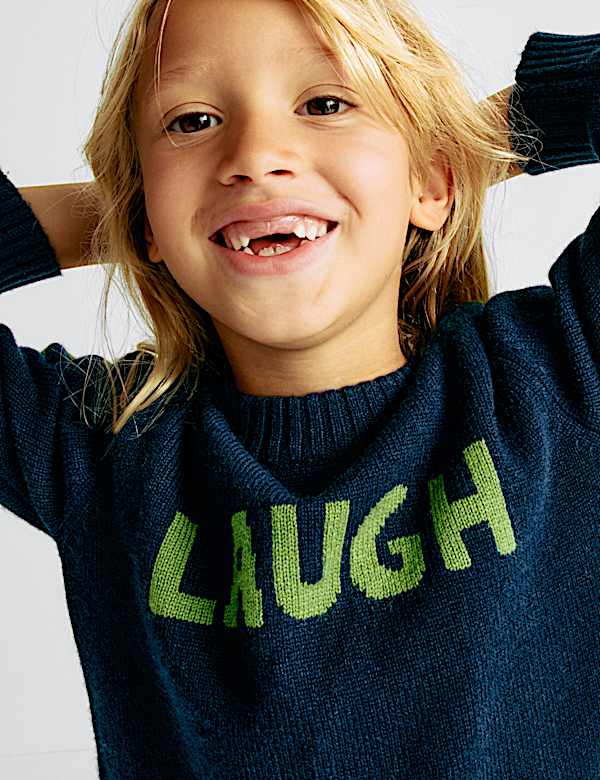 Pull en laine mérinos avec texte « Laugh » (du 2 au 10 ans) - LU