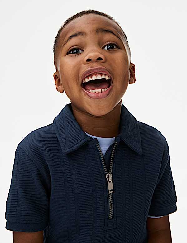 Pure Cotton Ribbed Zip Jersey Polo Shirt (2-8 Yrs) - RO