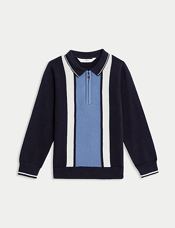 Πλεκτή ριγέ μπλούζα πόλο με φερμουάρ από 100% βαμβάκι (2-8 ετών) - GR