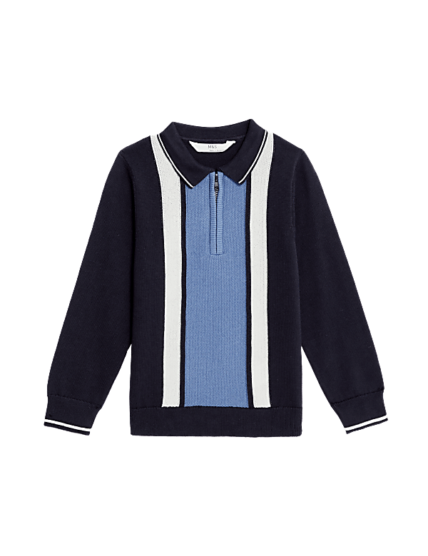 Pure Cotton Striped Knitted Zip Polo Shirt (2-8 Yrs)