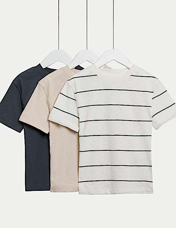 3pk Pure Cotton Striped & Plain T-Shirts (2-8 Yrs) - US