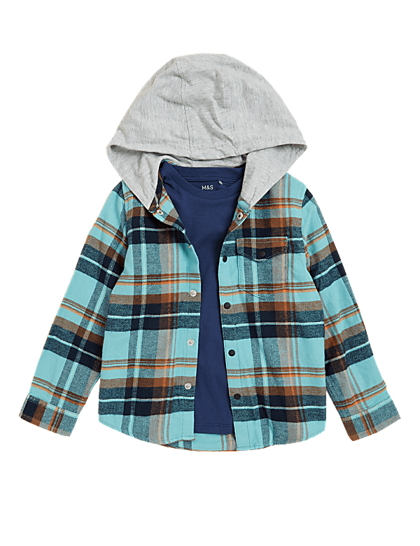 Cotton Rich Checked Hooded Shirt