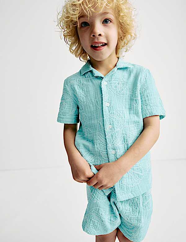 Pure Cotton Leaf Embroidered Shirt (2-8 Yrs) - GR