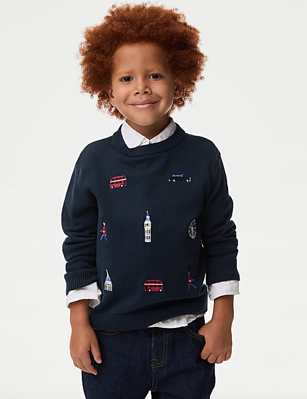 Pure Cotton London Graphic Knitted Jumper 2 8 Yrs NAVY Jumpers M S FI