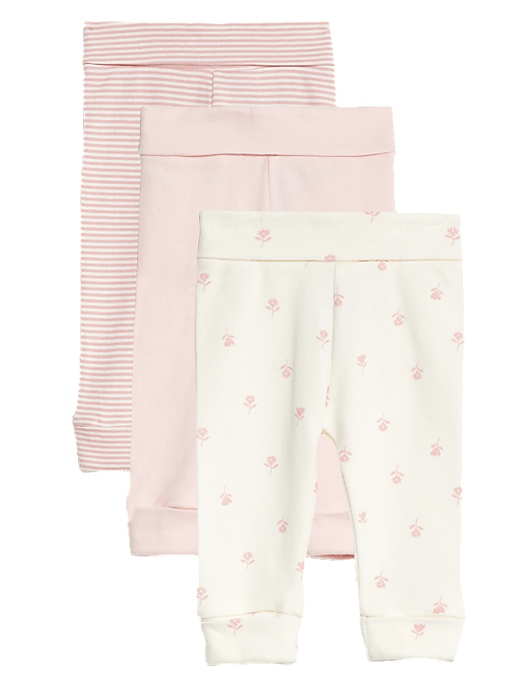 3pk Pure Cotton Striped & Floral Leggings