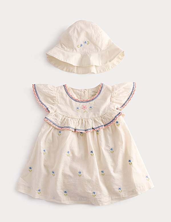 2 Piece Pure Cotton Floral Dress & Hat Outfit (0-2 Yrs)