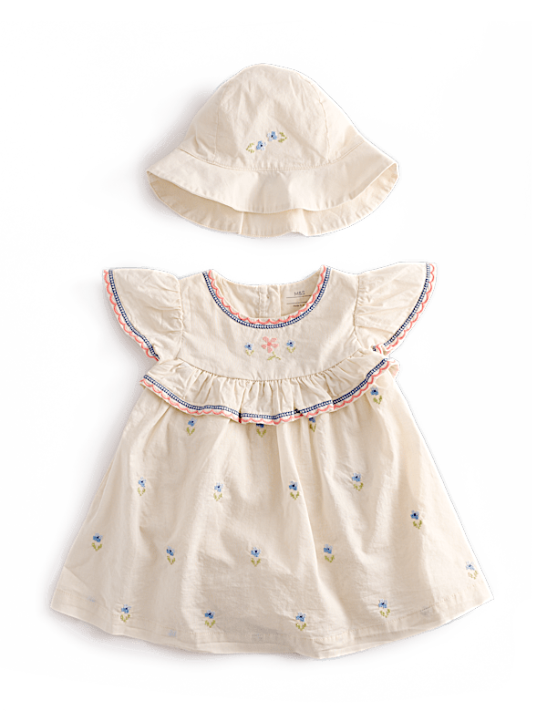 2 Piece Pure Cotton Floral Dress & Hat Outfit (0-2 Yrs)
