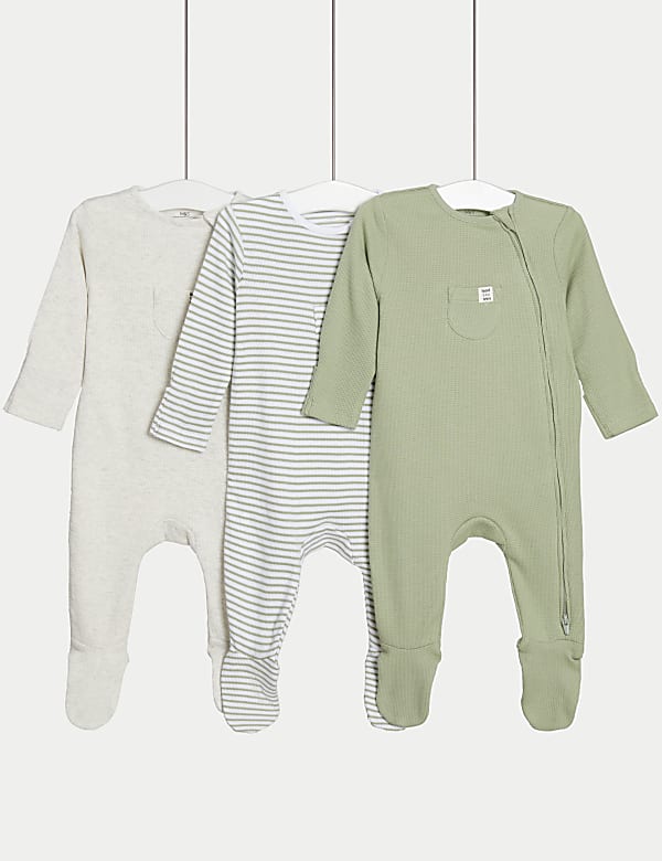 3pk Cotton Rich Striped & Plain Sleepsuits (0-3 Yrs) - GR