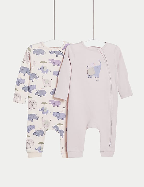 2pk Pure Cotton Elephant Sleepsuits (0-3 Yrs) - NO