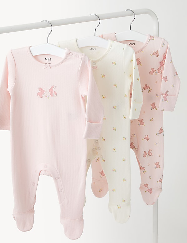3pk Pure Cotton Bunny Sleepsuits (0-3 Yrs)