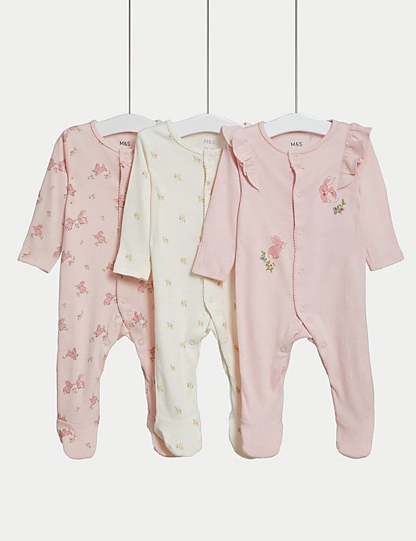 3pk Pure Cotton Bunny Floral Sleepsuits 6 lbs 3 Yrs PALE PINK MIX Sleepsuits M S LU