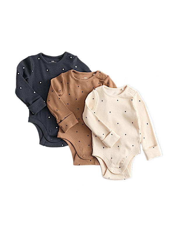 3pk Cotton Rich Heart Long Sleeved Bodysuits (0 Mths-3 Yrs)