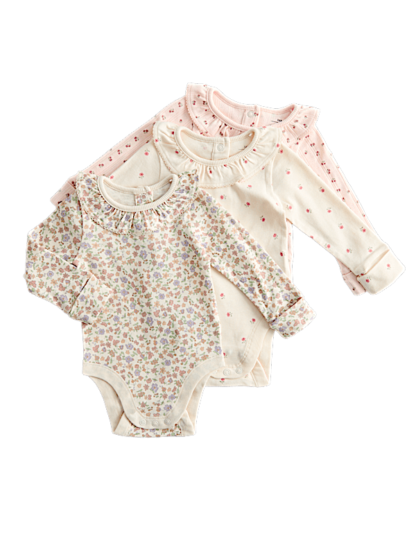 3pk Pure Cotton Floral Long Sleeve Bodysuits (0-3 Yrs)