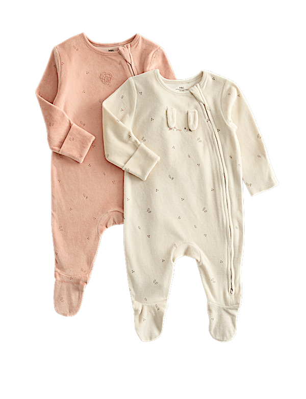 2pk Cotton Rich Velour Bunny Sleepsuits (0-3 Yrs)