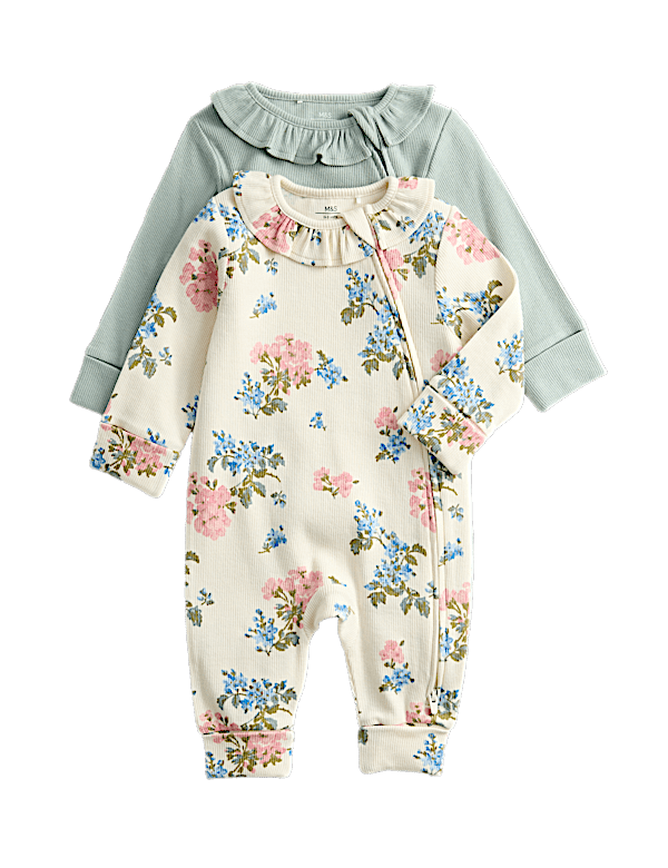 2pk Floral Frill Collar Zip Sleepsuits (0-3 Yrs)