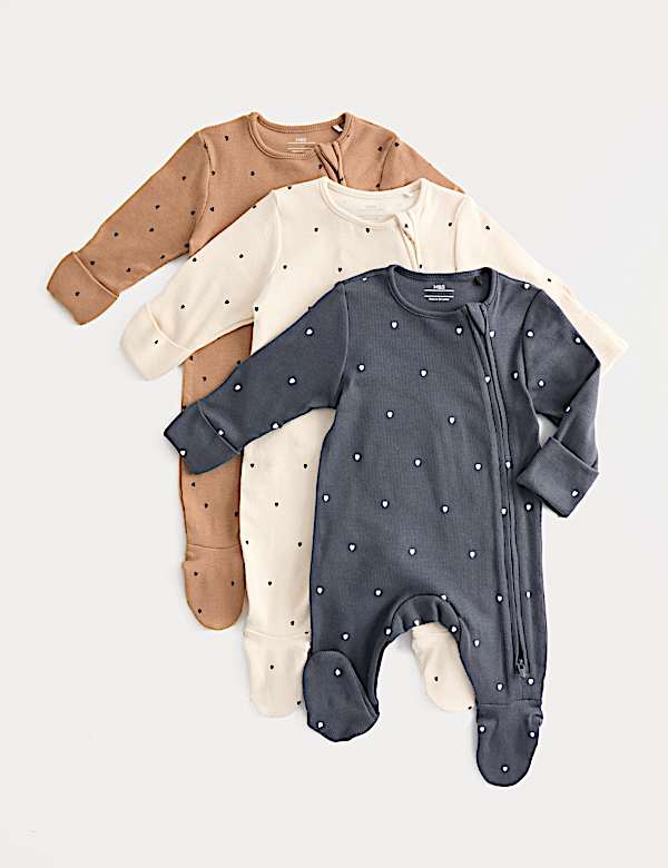 3pk Cotton Rich Heart Ribbed Sleepsuits (6½lbs-3 Yrs) - NL