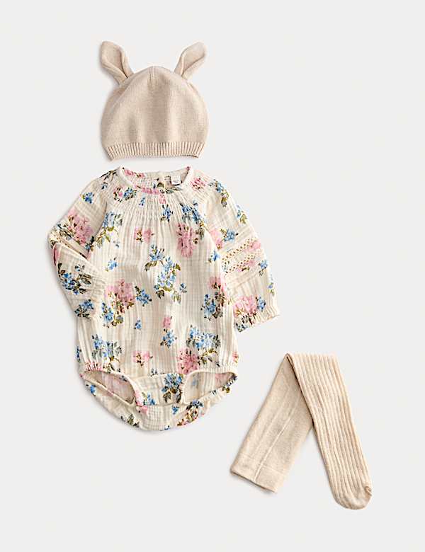 תלבושת 3 חלקים של בגד גוף פרחוני מבד עשיר בכותנה עם כובע וגרביונים (3.2 ק"ג - 1 שנה) - IL