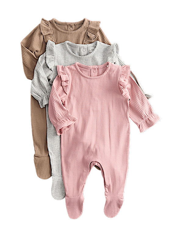 3pk Cotton Rich Frill Ribbed Sleepsuits (6½lbs-3 Yrs)