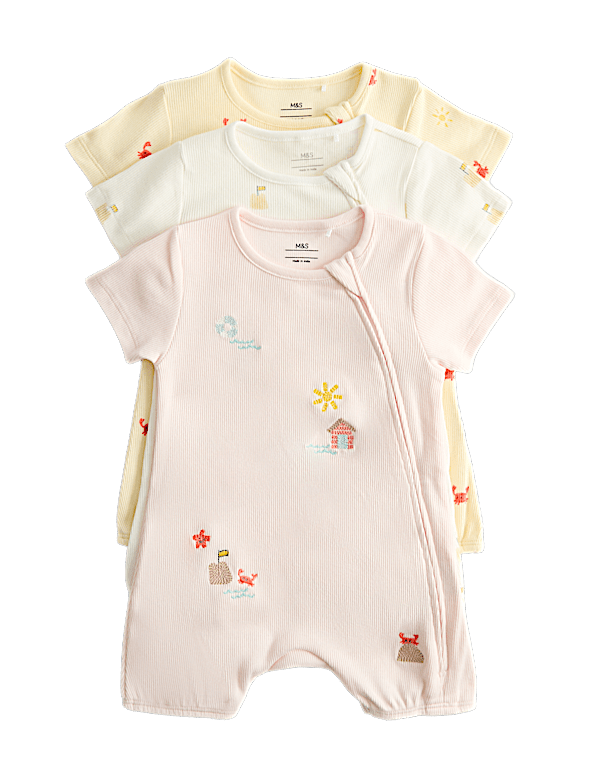 3 Pack Cotton Rich Embroidered Rompers (7lbs-3 Yrs)