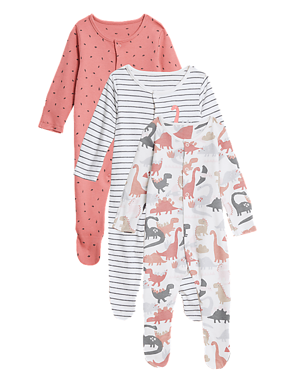 3pk Pure Cotton Dinosaur Sleepsuits (61/2lbs - 3 Yrs)