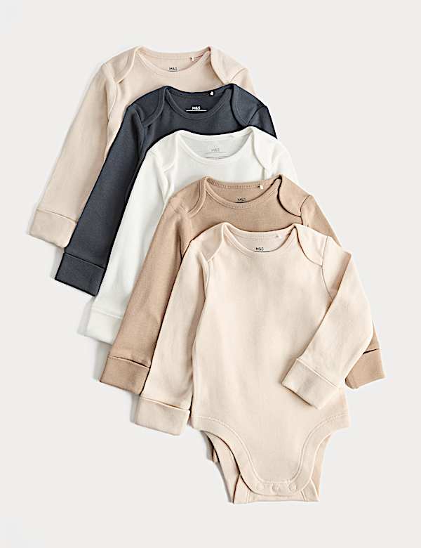 5 Pack Pure Cotton Plain Long Sleeve Bodysuits (7lbs-3 Yrs)