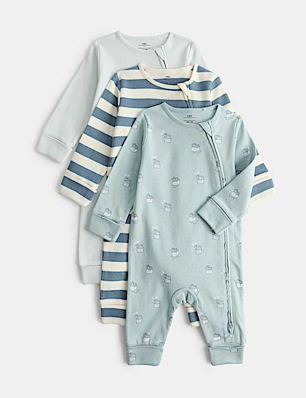 3 Pack Pure Cotton Milk & Striped Sleepsuits (7lbs-3 Yrs)