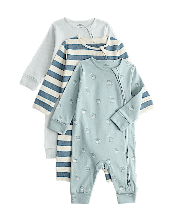 3 Pack Pure Cotton Milk & Striped Sleepsuits (7lbs-3 Yrs)