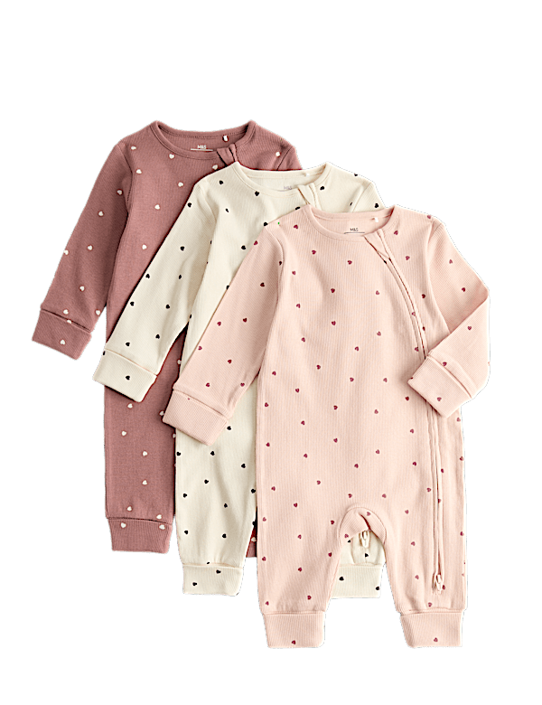 3 Pack Cotton Rich Heart Sleepsuits (7lbs-3 Yrs)