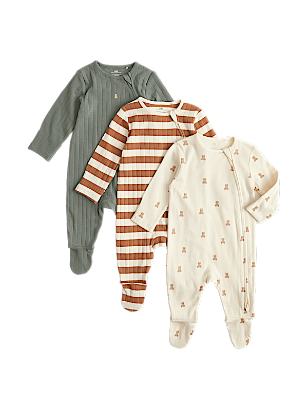 3 Pack Bear Wide Stripe Sleepsuits (7lbs-3 Yrs)