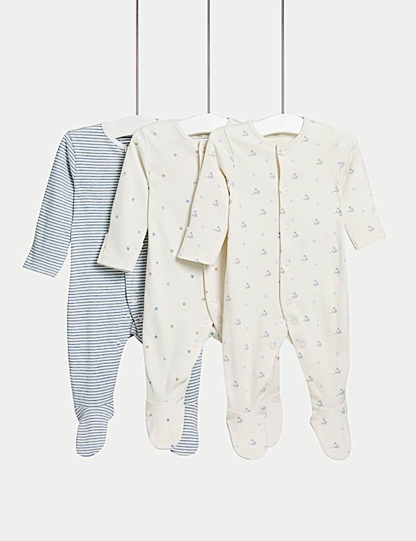 3pk Pure Cotton Dog Popper Footed Sleepsuits (0-3 Yrs) - VN