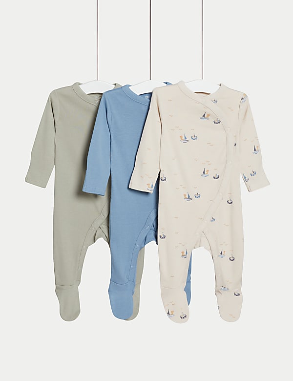 3pk Pure Cotton Nautical Plain Sleepsuits 6 lbs 3 Yrs BLUE MIX Baby grows M S RO
