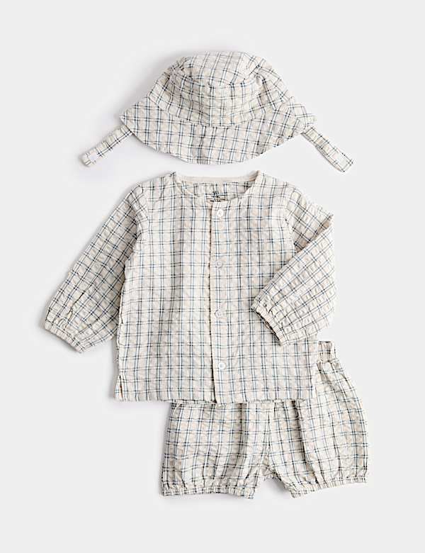 3 Piece Gingham Outfit & Hat Set (0-2 Yrs)
