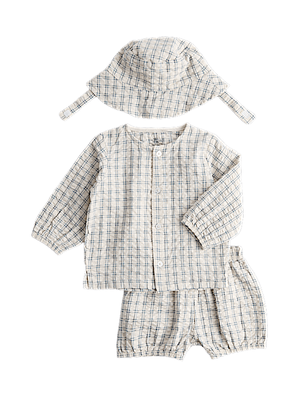3 Piece Gingham Outfit & Hat Set (0-2 Yrs)