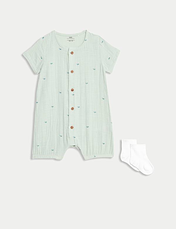 2pc Pure Cotton Whale Print Romper Set (7lbs-12 Mths) - BN