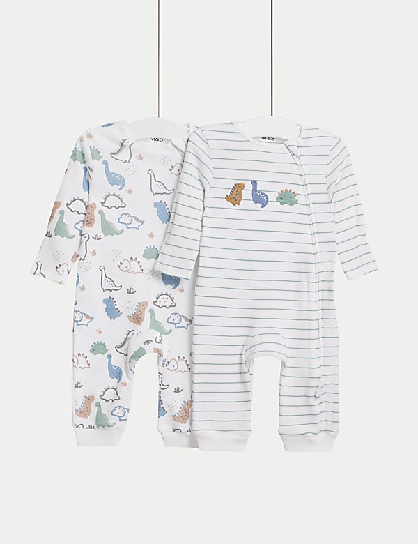 2pk Pure Cotton Dinosaur Sleepsuits (6½lbs-3Yrs) - GR