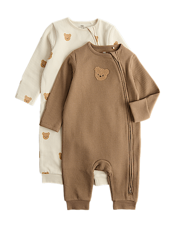 2 Pack Cotton Blend Bear Sleepsuits (0-3 Yrs)