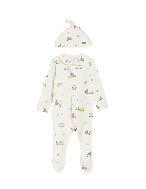 2pc Pure Cotton Printed Sleepsuit & Hat Set (7lbs-1 Yrs)