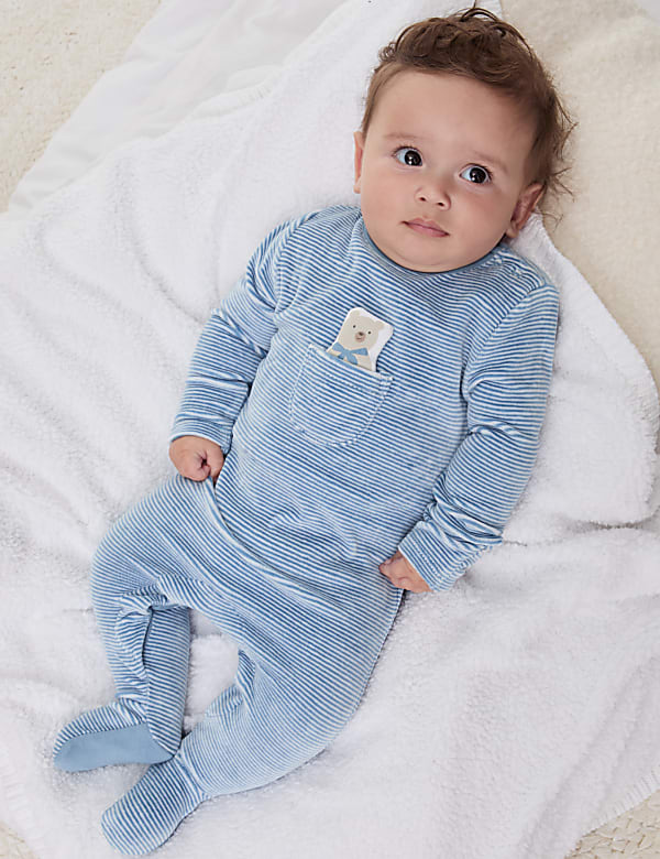 Cotton Rich Velour Striped Bear Sleepsuit 7lbs 1 Yrs