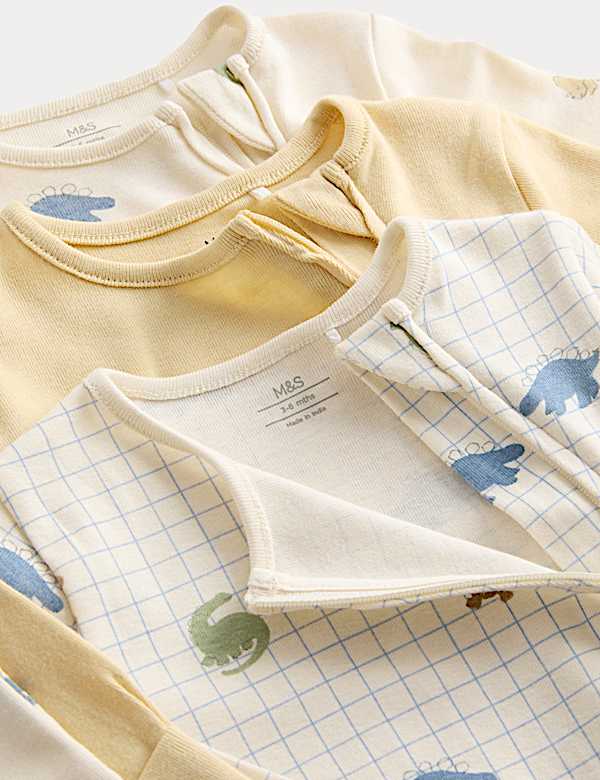 3pk Pure Cotton Dinosaur Print Sleepsuits (0 Mths-3 Yrs)