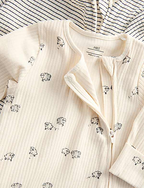 3pk Cotton Rich Sheep Ribbed Sleepsuits (6½lbs-3 Yrs)