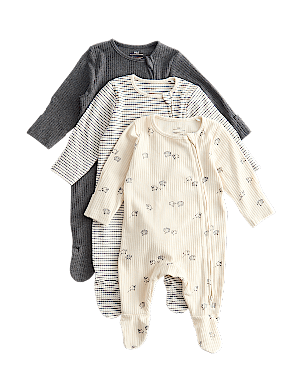 3pk Cotton Rich Sheep Ribbed Sleepsuits (6½lbs-3 Yrs)