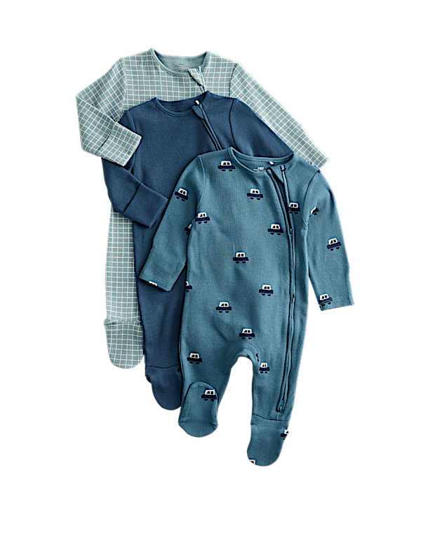 3pk Pure Cotton Car Print Sleepsuits (0 Mths-3 Yrs)
