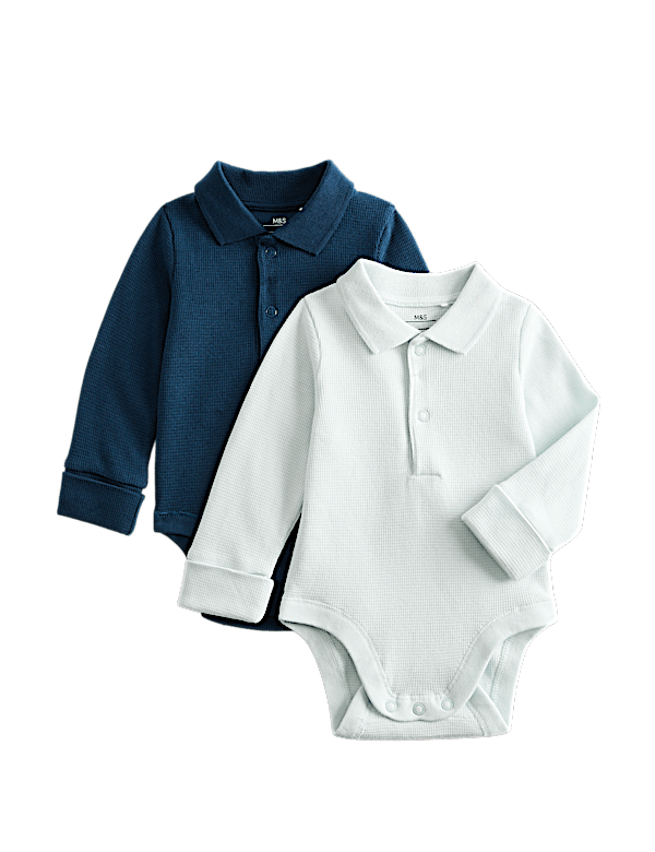 2 Pack Pure Cotton Long Sleeve Polo Bodysuits (0-3Yrs)