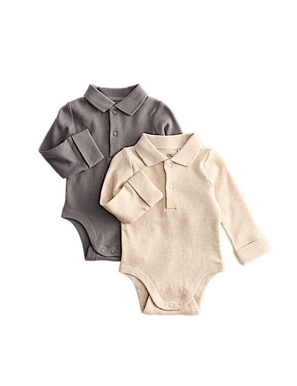 2pk Pure Cotton Long Sleeve Polo Bodysuits (0-3Yrs)