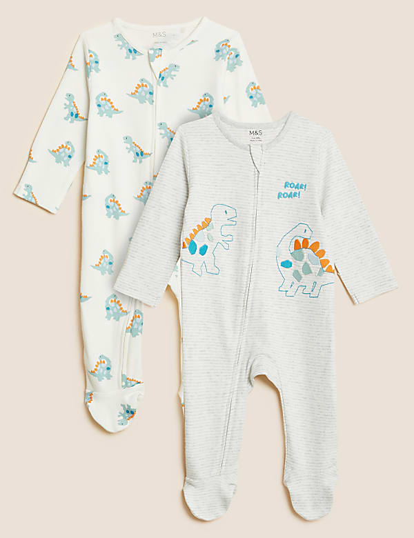 2pk Pure Cotton Dinosaur Sleepsuits (0-3 Yrs)