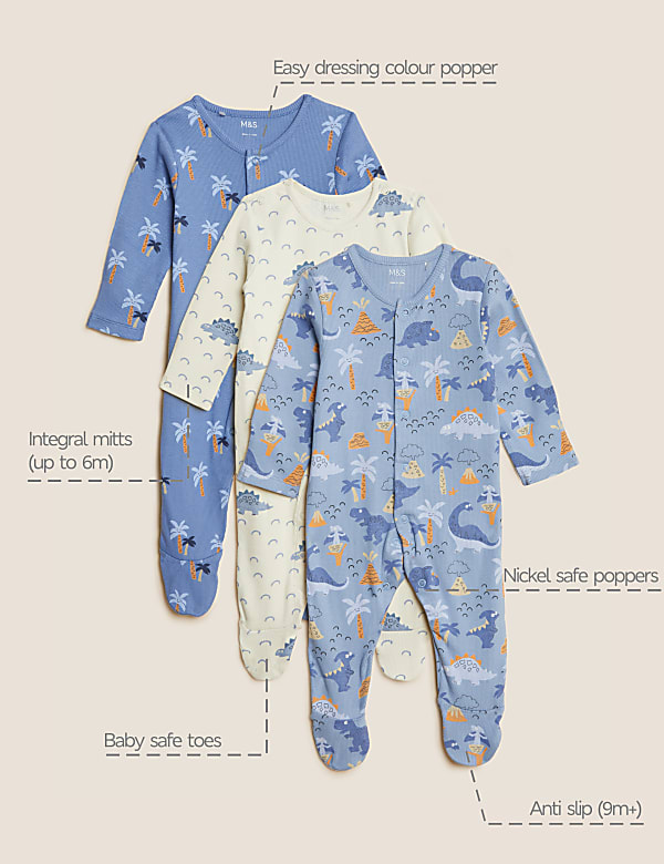 3pk Cotton Rich Dinosaur Sleepsuits